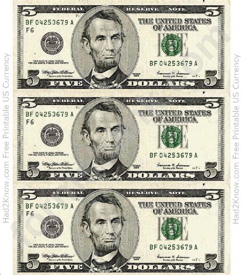 5 Dollar Bill Printable